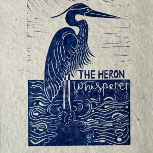 lino printed heron whisperer